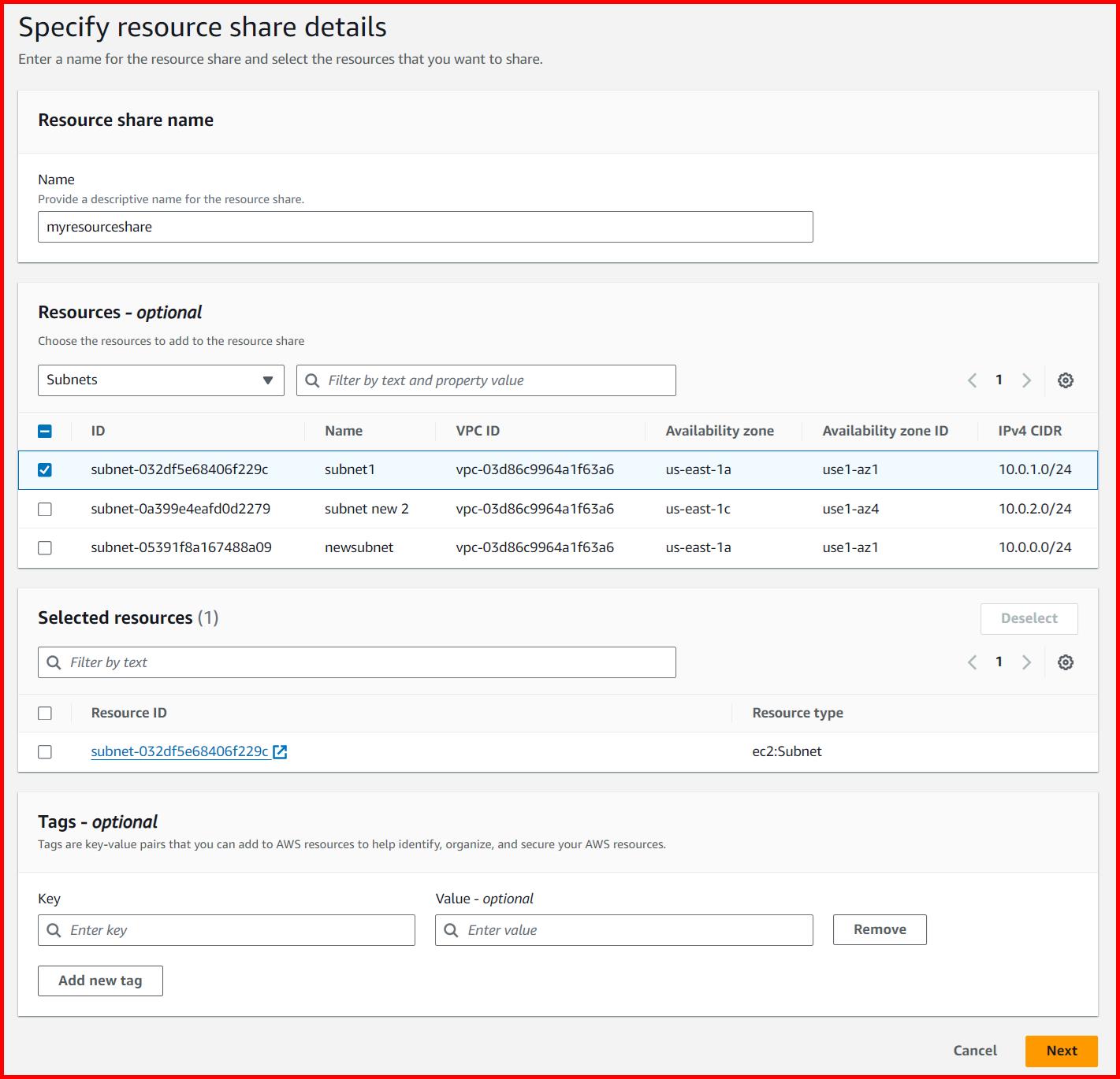 Picture showing selecting the subnet as resource share